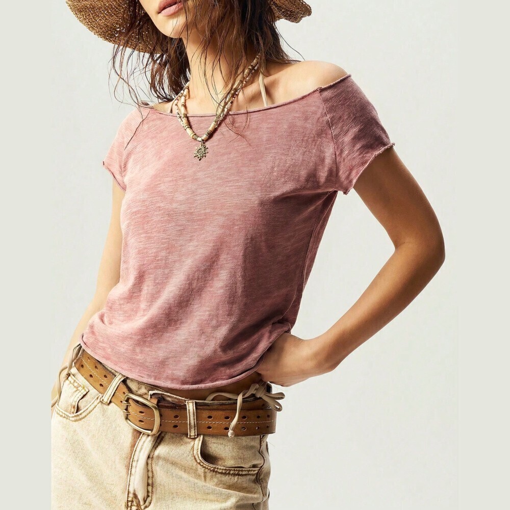 Mauve Pink Off-Shoulder Raw Hem Tee